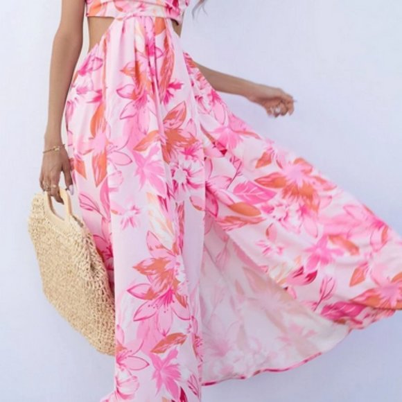 Floral print slit thigh cutout waist backless Maxi dress - Picture 8 of 8
